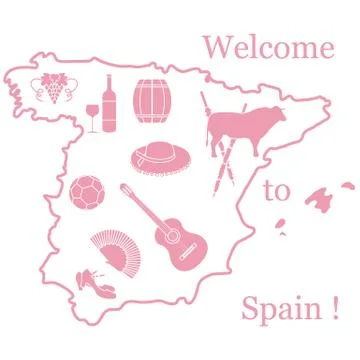 Vector illustration with various symbols of Spain. Travel and leisure. Stock Illustration