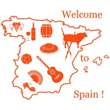 Vector illustration with various symbols of Spain. Travel and leisure. Stock Illustration