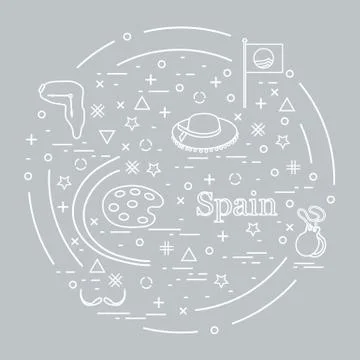 Vector illustration with various symbols of Spain arranged in a circle. Trave Stock Illustration