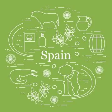 Vector illustration with various symbols of Spain arranged in a circle. Trave Stock Illustration