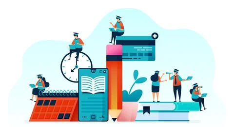 Vector illustration of Vector illustration of people learn to use e-books wit Stock Illustration