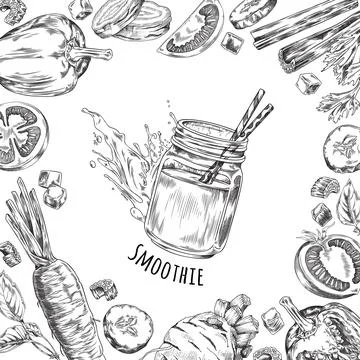 Vector illustration of a vegetable smoothie n a frame of vegetables: celery Stock Illustration