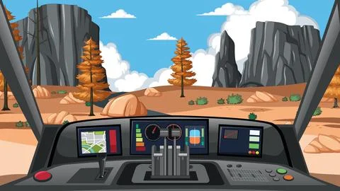 Vector Illustration of Vehicle Cockpit View Overlooking Desert Canyon Landsca Stock Illustration
