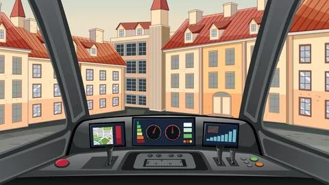 Vector Illustration of Vehicle Cockpit View Driving Through European City Stock Illustration