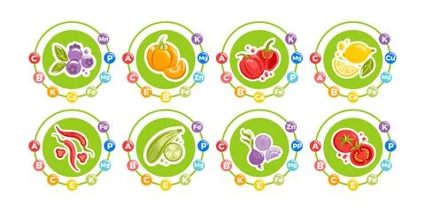 A vector illustration of a vibrant fruit and vegetable set labeled with key Stock Illustration