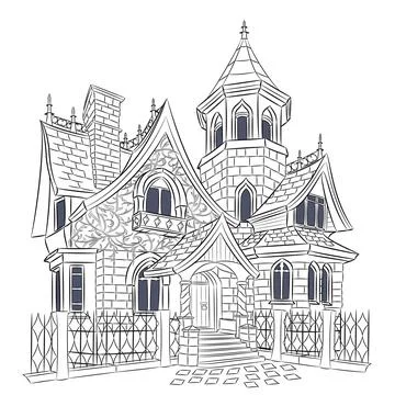 Vector illustration of a Victorian Gothic-style house featuring intricate arc Stock Illustration