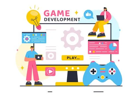 Vector Illustration of Video Game Development with Games, Digital Technolog.. Stock Illustration