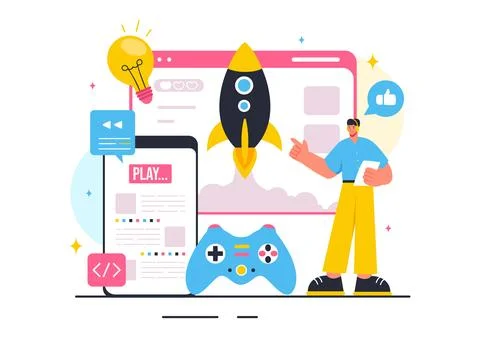 Vector Illustration of Video Game Development with Games, Digital Technolog.. Stock Illustration