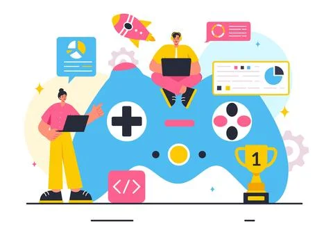Vector Illustration of Video Game Development with Games, Digital Technolog.. Stock Illustration