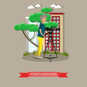 Vector illustration of videographer with video camera in flat style Stock Illustration
