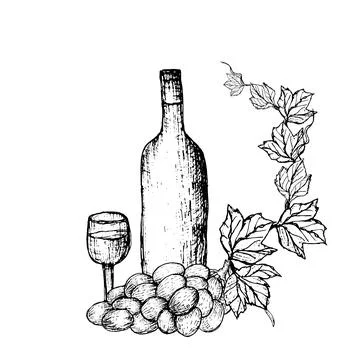 Vector illustration of Vine and Bottle, glass Stock Illustration