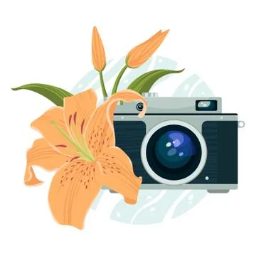 Vector illustration of vintage camera and beautiful lily. Stock Illustration