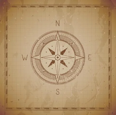Vector illustration with a vintage compass or wind rose and frame on grunge b Stock Illustration