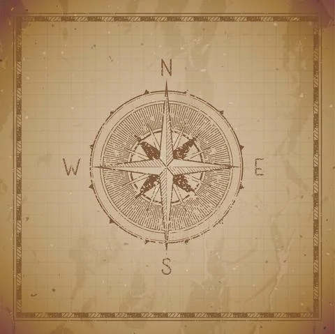 Vector illustration with a vintage compass or wind rose and frame on grunge b Stock Illustration
