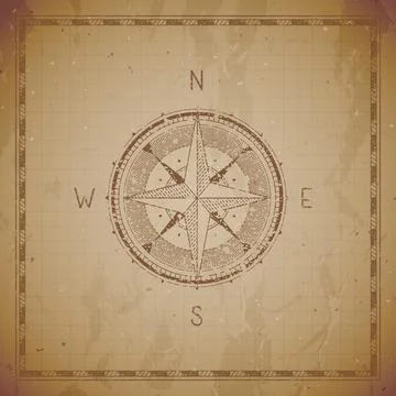 Vector illustration with a vintage compass or wind rose and frame on grunge b Stock Illustration