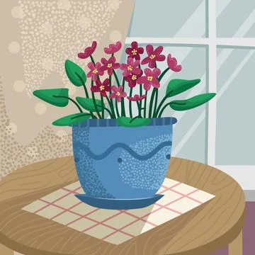 Vector illustration of a violet in a pot on a table near the window. Illustrazione stock