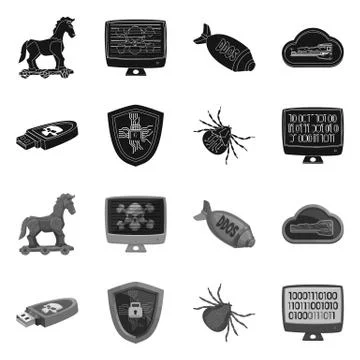 Vector illustration of virus and secure sign. Set of virus and cyber stock Stockillustratie