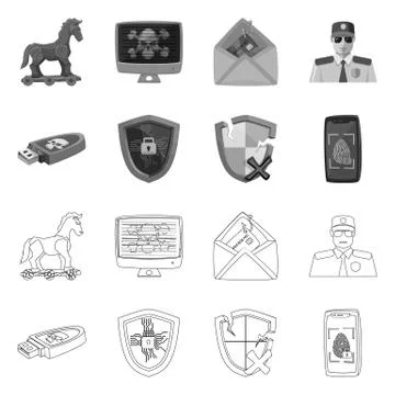 Vector illustration of virus and secure sign. Set of virus and cyber stock Stock Illustration