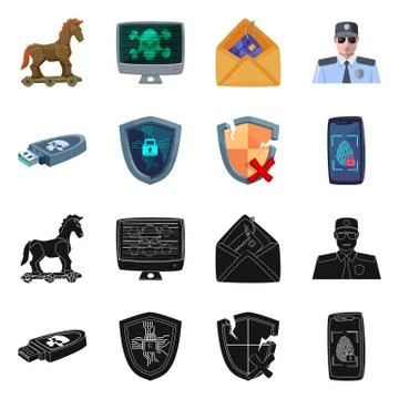 Vector illustration of virus and secure sign. Set of virus and cyber stock Stock Illustration