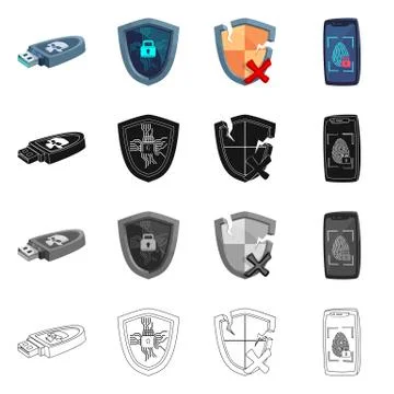 Vector illustration of virus and secure symbol. Collection of virus and cyber Stockillustratie