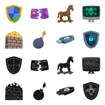 Vector illustration of virus and secure sign. Set of virus and cyber stock Illustrazione stock