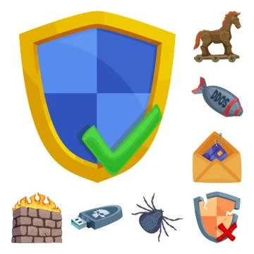 Vector illustration of virus and secure sign. Set of virus and cyber stock Stock Illustration