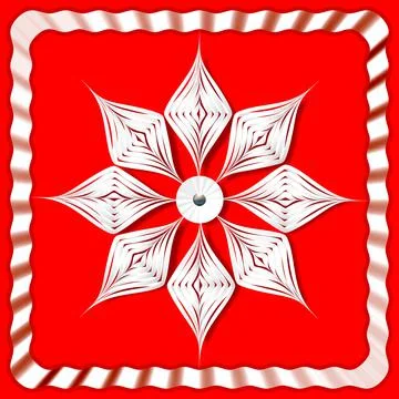 Vector illustration. Volume white snowflake from paper on a red background in Stock Illustration