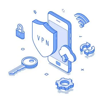 Vector illustration of a VPN concept with a mobile device and security elemen Stock Illustration
