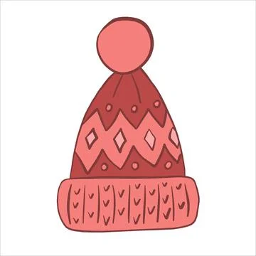 Vector illustration. Warm knitted winter hat with patterns, lapel and pompom 스톡 일러스트