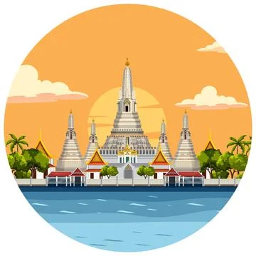 Vector Illustration of Wat Arun Temple in Bangkok Thailand During Sunset Stock Illustration