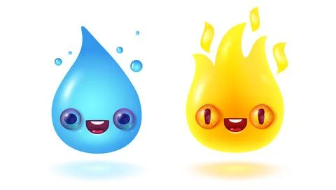 Vector illustration of water drop and fire flame in 3D style with kawaii fa.. Stock Illustration