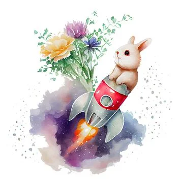 Vector illustration of watercolor rabbit flying on rocket on white isotate Stock Illustration