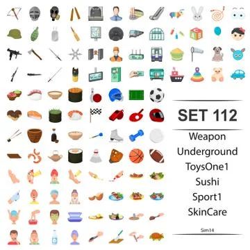 Vector illustration of weapon, underground, toy, sushi, sport skin care icon set Stock Illustration