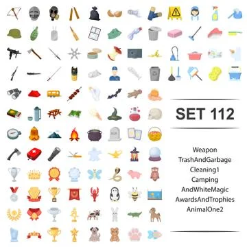 Vector illustration of weapons, animal, magic, garbage, cleaning reward and Stock Illustration
