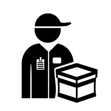Vector illustration, web icon of a person with courier delivery. Package, box. Stock Illustration