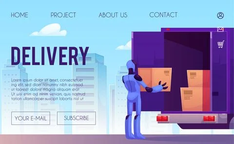 Vector illustration of a web page with a robot loading boxes into a truck. 스톡 일러스트