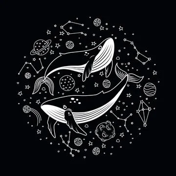 Vector illustration with whales in space Stock Illustration