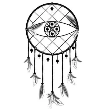 Vector illustration white black colored image of dreamcatcher with feathers Stock Illustration