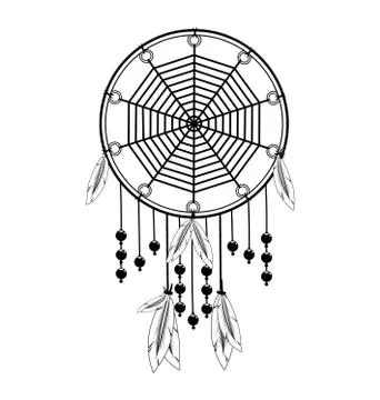 Vector illustration white black image of dreamcatcher with feathers Stock Illustration