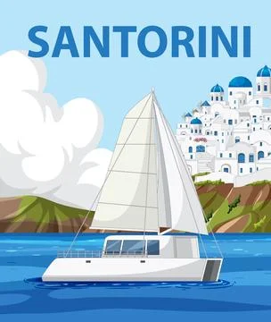 Vector illustration of a white catamaran sailing past a hillside town with bl Ilustración de archivo