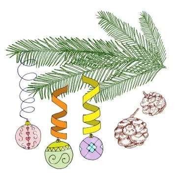 Vector illustration on white. Christmas decorated fir tree. Christmas balls o Illustrazione stock