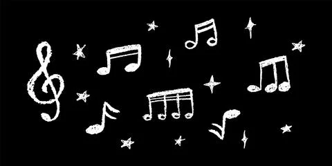 Vector illustration of white music notes and stars in charcoal scribble style Stock Illustration