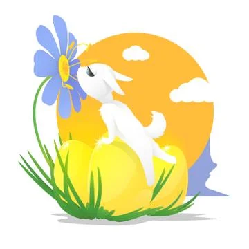 Vector illustration of a white rabbit and three eggs for Easter. Illustrazione stock