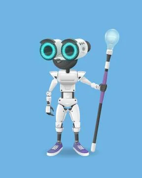 Vector illustration of the white robot with big round eyes is on a blue backg Stock Illustration