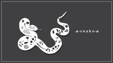 Vector illustration of a white snake with flowers and plants. EPS 10. Illustrazione stock
