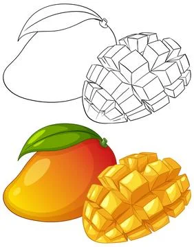Vector Illustration of Whole and Cubed Mango with Line Art Version Stock Illustration