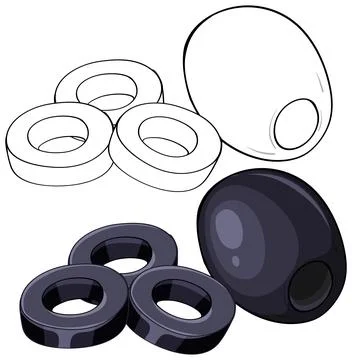 Vector Illustration of Whole and Sliced Black Olives on White Background Stock Illustration