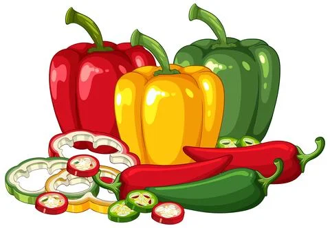 Vector Illustration of Whole and Sliced Red Yellow and Green Peppers イラスト素材