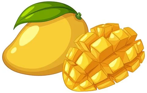 Vector Illustration of Whole Ripe Mango and Diced Mango Cubes Stock Illustration