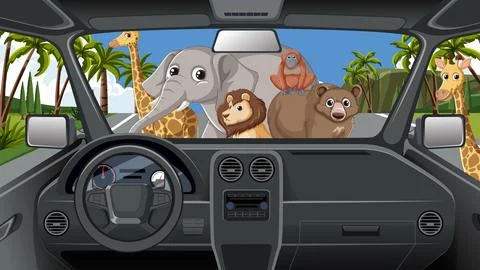Vector Illustration of Wild Animals Viewed from Inside a Car Dashboard Illustrazione stock